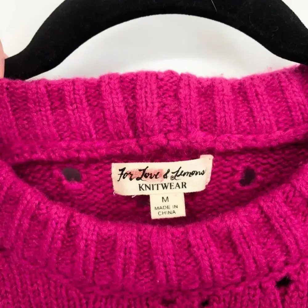 For Love and Lemons Brooke Puff Sleeve Pointelle Knit Sweater Juice Pink MEDIUM